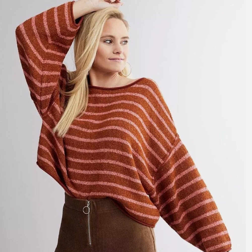 Free People Striped Brown and Pink Sweater